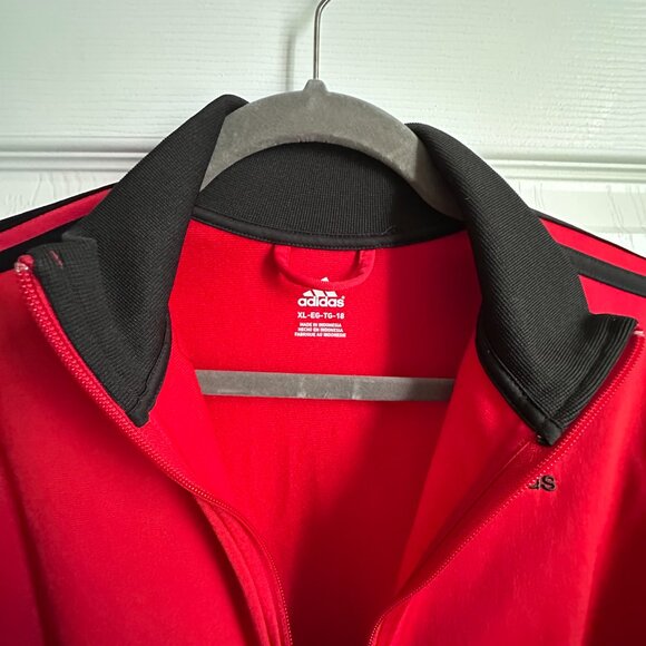 Adidas Athletic Track Jacket Boy’s XL 18 Full Zip Red Black 3 Stripes Mock Neck - Picture 3 of 10